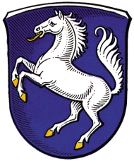 Das Pferd ist Sie sehen das Wappen von Finsternthal. weiß und der Hintergrund blau.